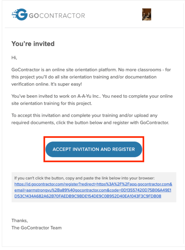 Accepting a Worker Invitation to Register with GoContractor by Email